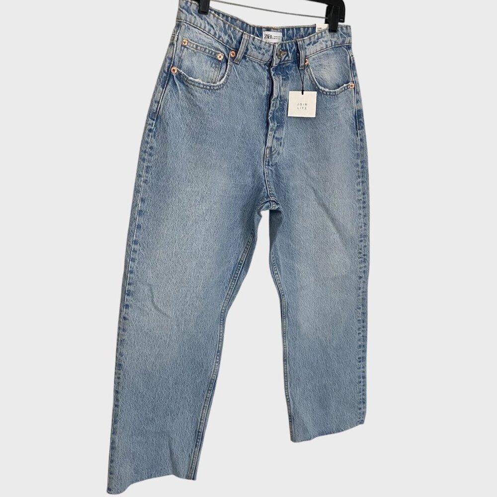 Zara High-Waisted Denim Ankle Jeans Blue Womens Size 12 Straight-Leg Raw-Hem New - Picture 3 of 14